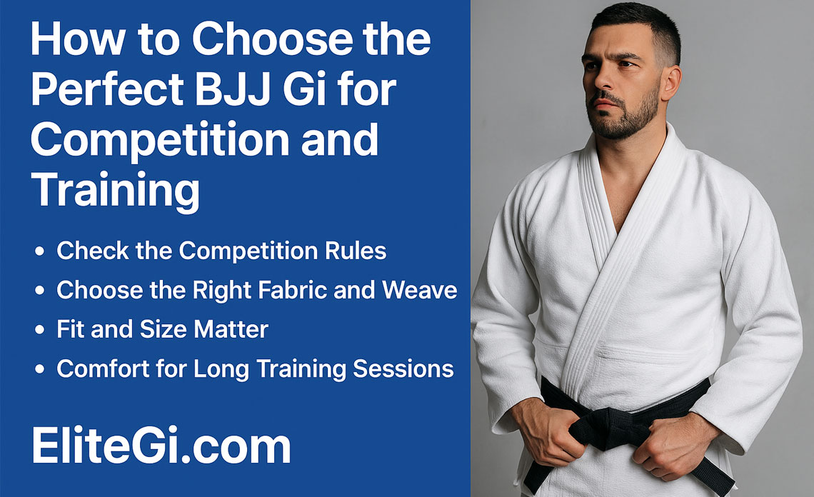 EliteGi.com guide on choosing the perfect BJJ Gi for competition and training – durable, comfortable, and IBJJF-compliant.