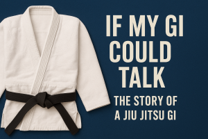 If My Gi Could Talk – The Story of a Jiu Jitsu Gi A worn Jiu Jitsu gi hanging in a gym locker room, showing patches, wrinkles, and signs of training and travel.