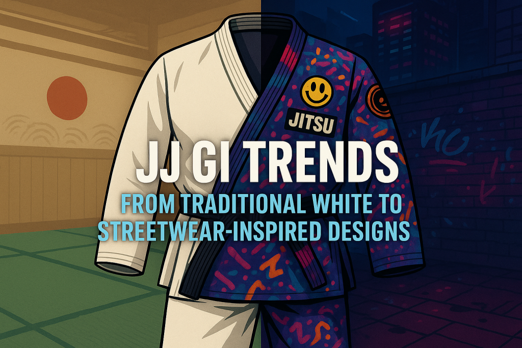 Split image of a traditional white jiu-jitsu gi and a colorful streetwear-inspired gi with bold blog title.