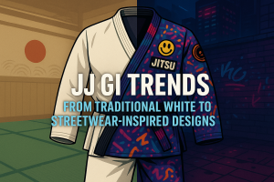 1blog Split image of a traditional white jiu-jitsu gi and a colorful streetwear-inspired gi with bold blog title.