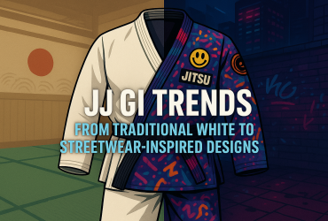 Split image of a traditional white jiu-jitsu gi and a colorful streetwear-inspired gi with bold blog title.