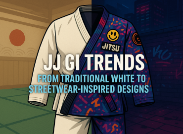 Split image of a traditional white jiu-jitsu gi and a colorful streetwear-inspired gi with bold blog title.