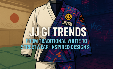 Split image of a traditional white jiu-jitsu gi and a colorful streetwear-inspired gi with bold blog title.