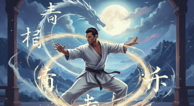 Martial artist training in a Jiu Jitsu gi under moonlight