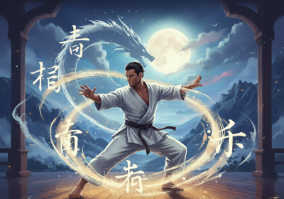 Martial artist training in a Jiu Jitsu gi under moonlight