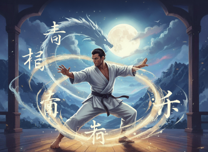 Martial artist training in a Jiu Jitsu gi under moonlight