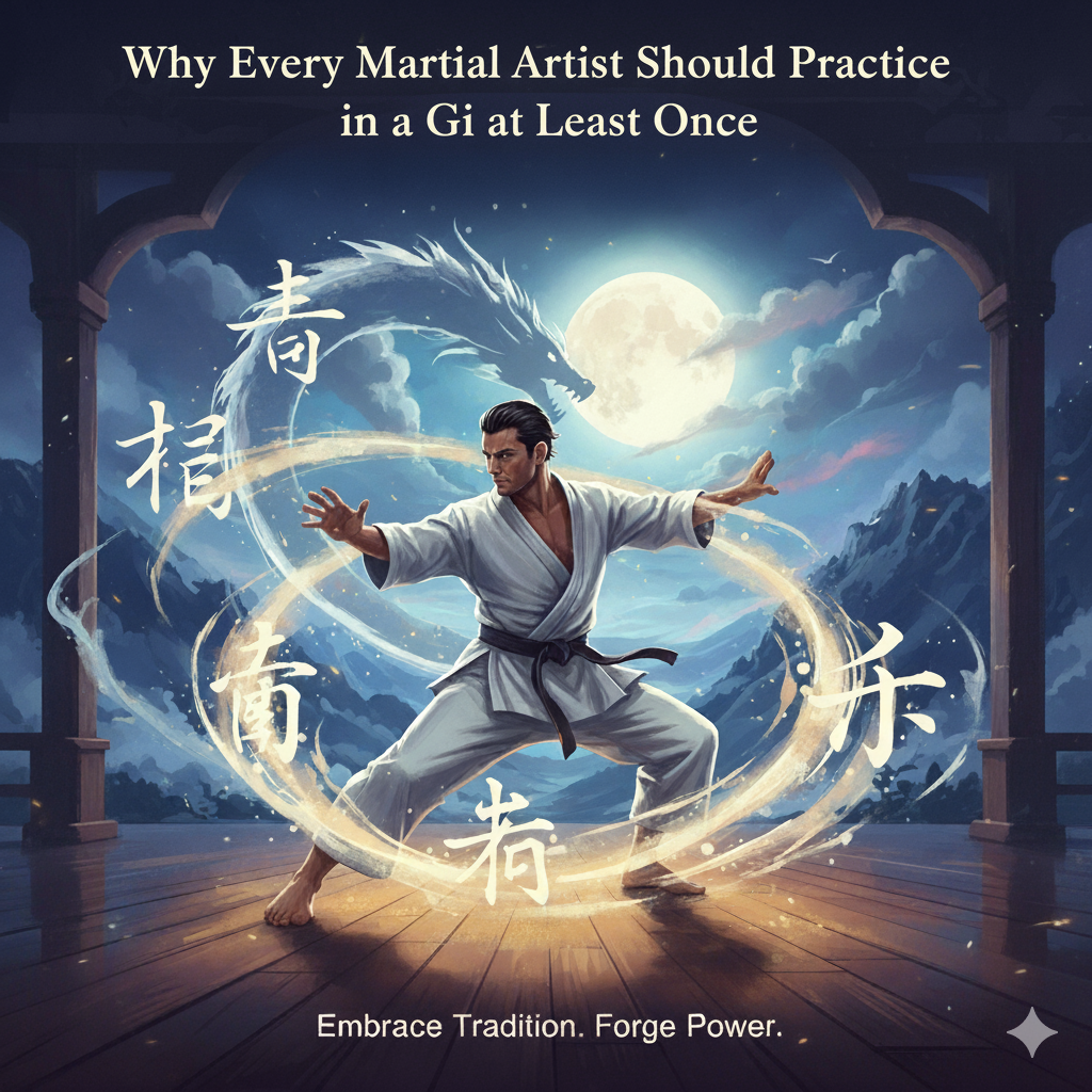 Martial artist training in a Jiu Jitsu gi under moonlight