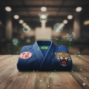BJJ_Gi_National_Culture A folded blue BJJ Gi featuring a prominent patch with national symbols or cultural motifs