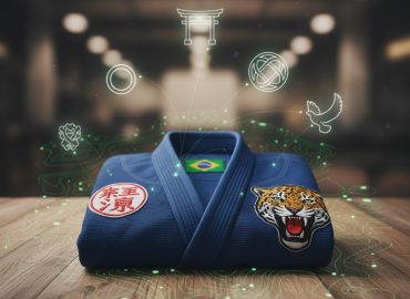 A folded blue BJJ Gi featuring a prominent patch with national symbols or cultural motifs