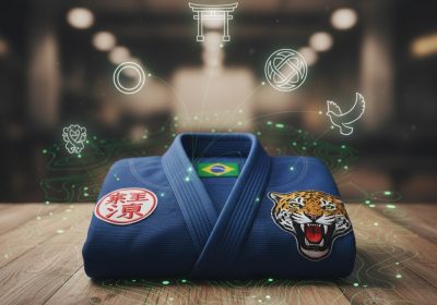 A folded blue BJJ Gi featuring a prominent patch with national symbols or cultural motifs