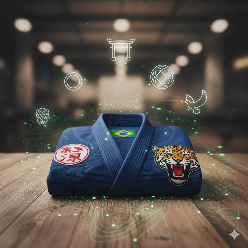 A folded blue BJJ Gi featuring a prominent patch with national symbols or cultural motifs